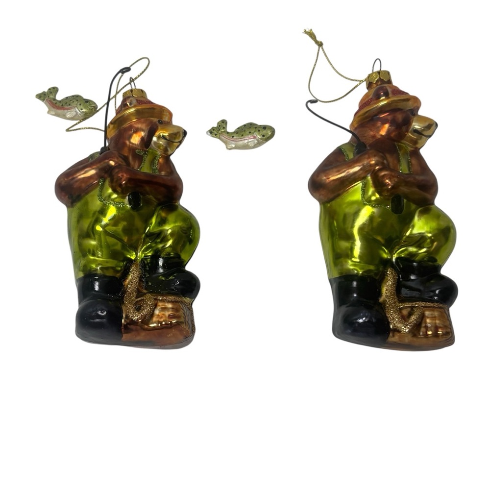 Fisherman Bear Blown Glass Ornaments Set of 2